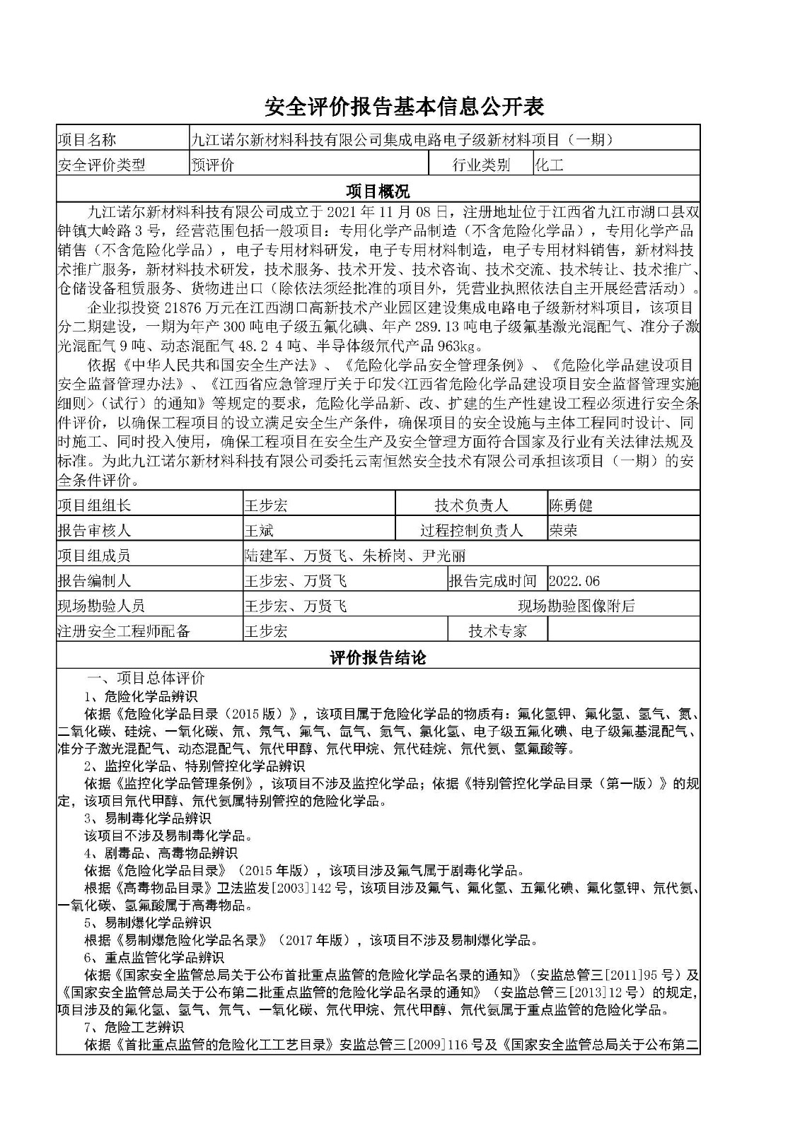 安全評價報告基本信息公開表（諾爾）